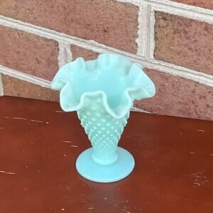 Vintage Fenton Hobnail Pastel Green Milk Glass Vase MCM Ruffle Rim RARE